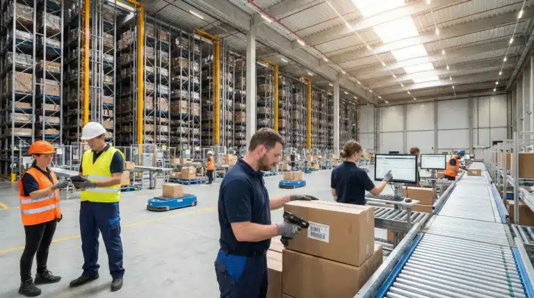 Workers using handheld devices for consumable inventory tracking in a modern warehouse.