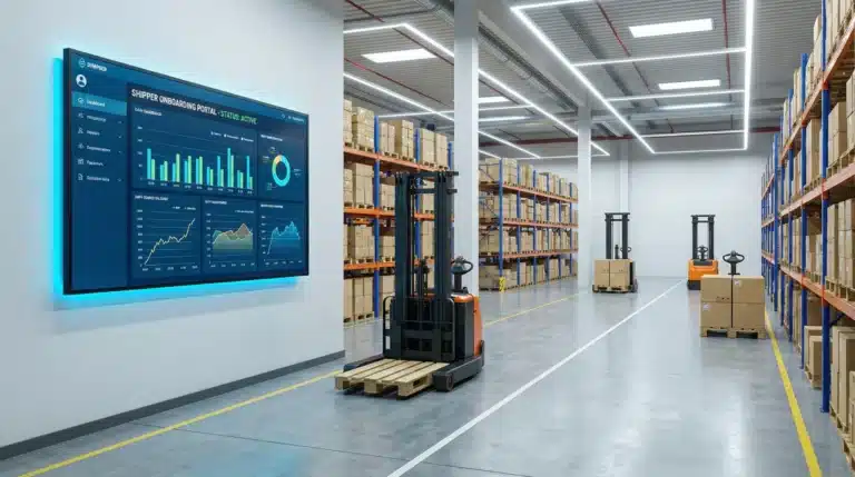 Automated warehouse with robotic forklifts and digital dashboard for shipper onboarding.