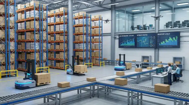 Modern warehouse with wms integration featuring robotic forklifts and conveyor belts among organized inventory.