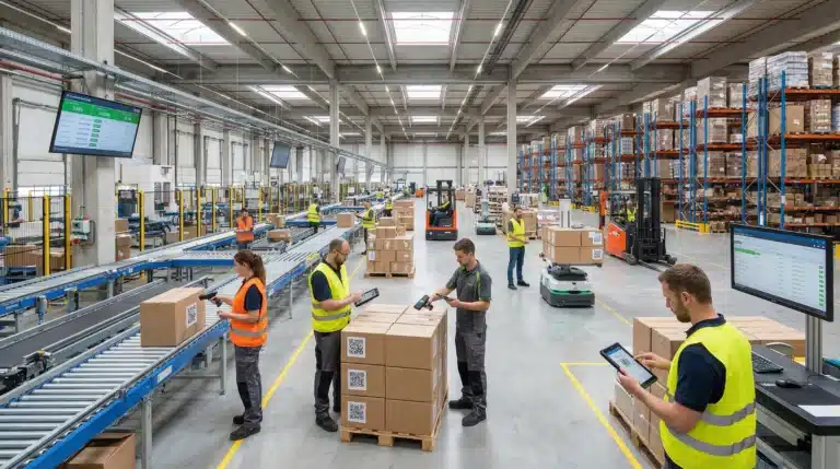 Workers scanning QR codes for asset tracking in a modern, bustling warehouse.