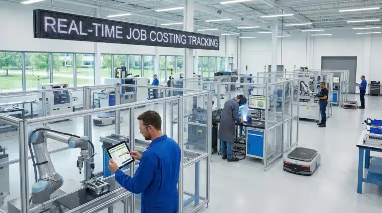Modern manufacturing facility using job order costing, with workers at specialized stations.