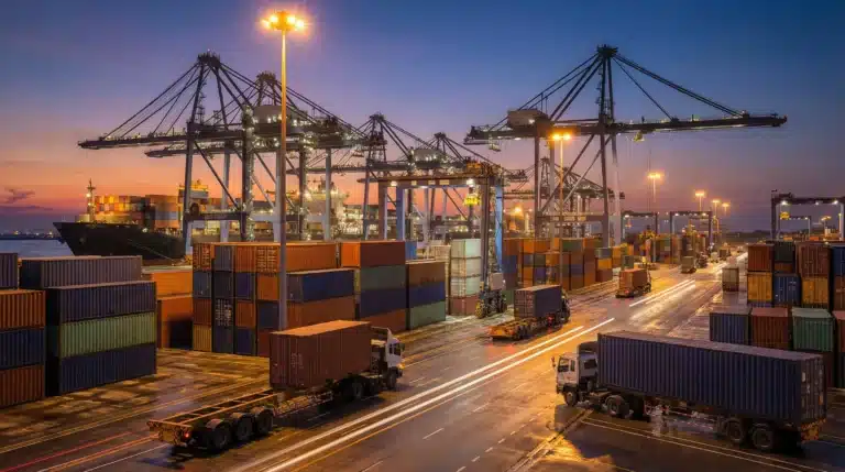 Semi-trucks and cranes manage drayage at a busy ocean port at dusk.