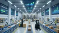 Modern warehouse with automated conveyors and forklifts under bright lights displaying inventory valuation data.