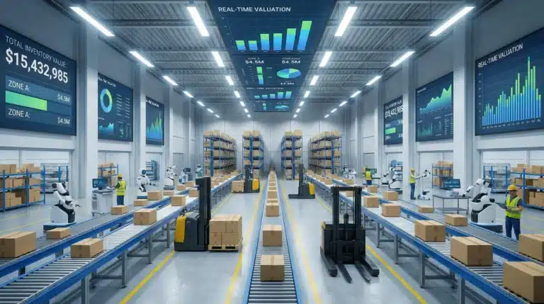 Modern warehouse with automated conveyors and forklifts under bright lights displaying inventory valuation data.