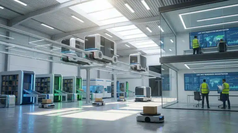 Last Mile Warehouse Orchestration with robotic shuttles and autonomous robots in a futuristic setup.