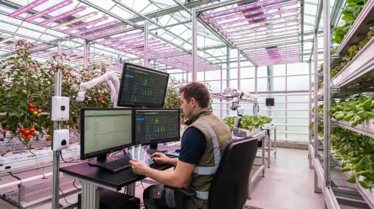 Technician using greenhouse growers software to monitor crops with automated systems and LED lighting.