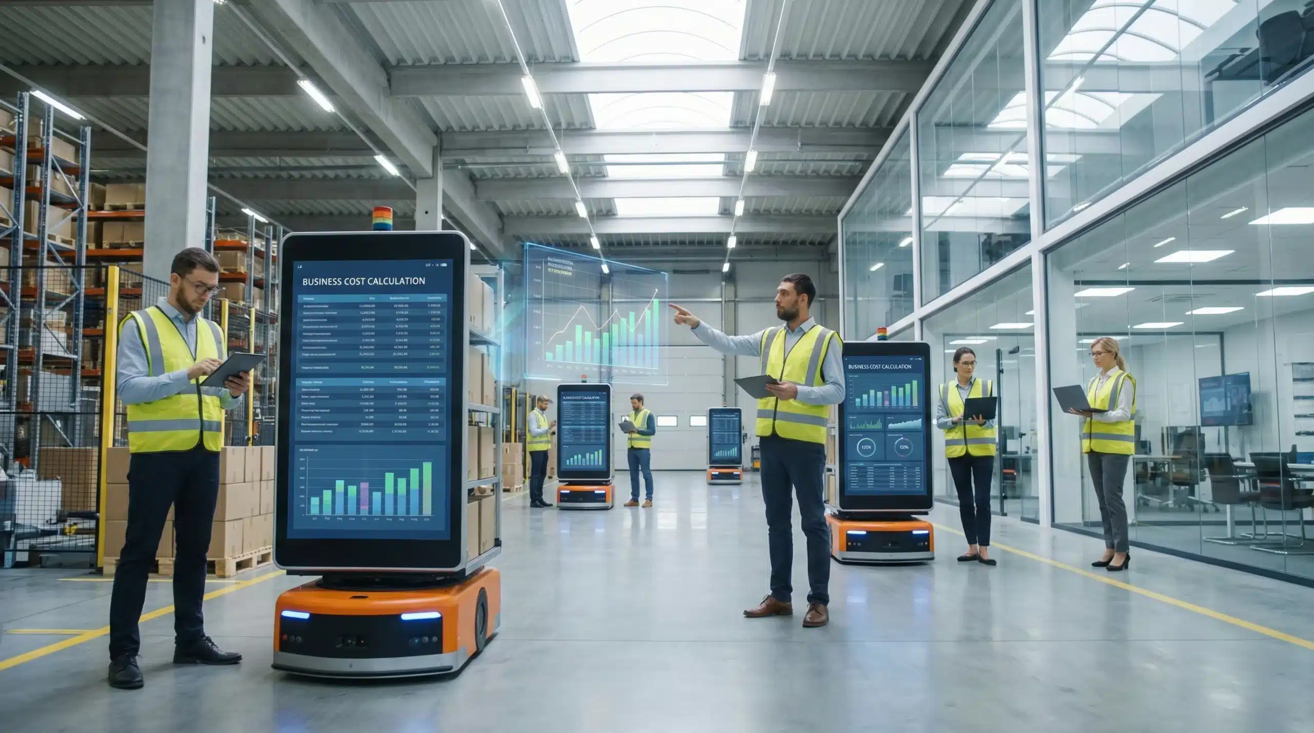Automated guided vehicles and workers inspect business cost calculation in a modern, well-lit warehouse.