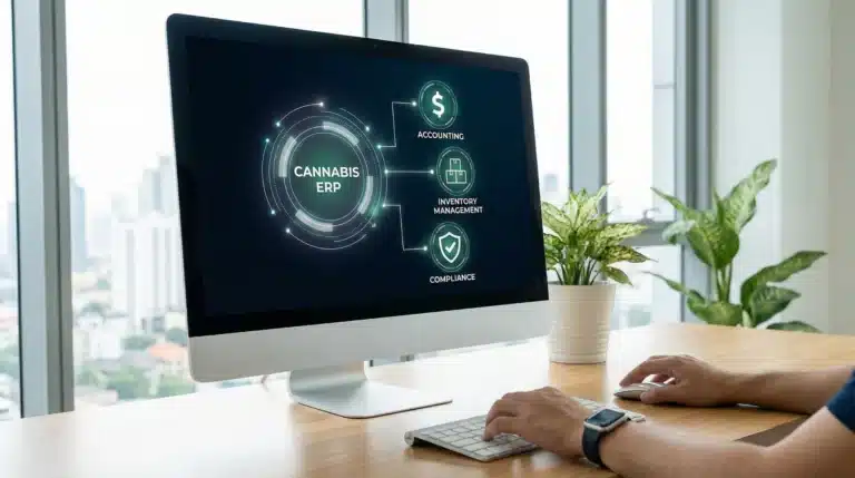 Cannabis ERP system connecting accounting, inventory management, and compliance processes with digital icons