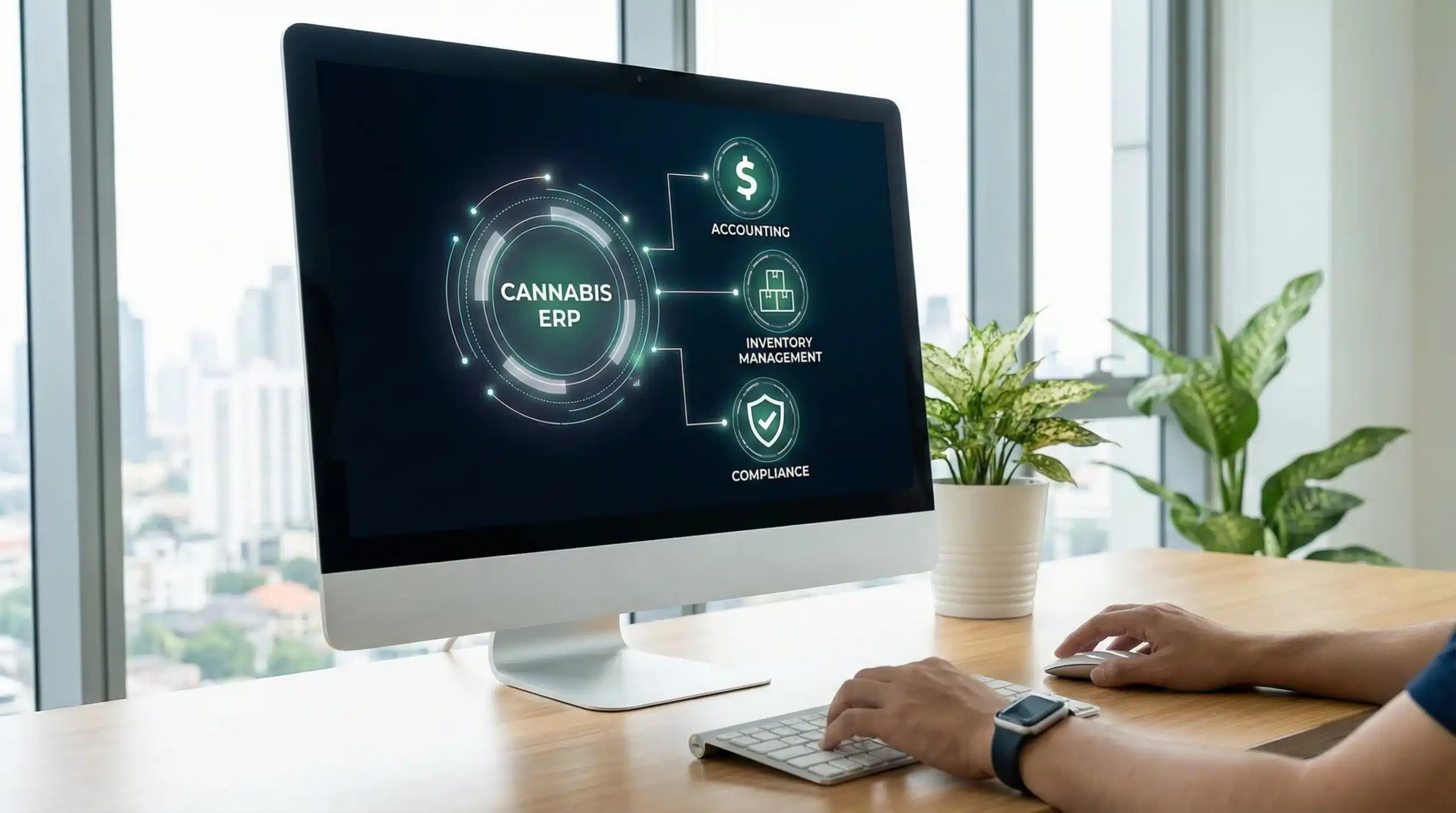 Cannabis ERP system connecting accounting, inventory management, and compliance processes with digital icons