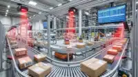 Modern warehouse with automated conveyor belts and barcode scanners ensuring precise inventory management.