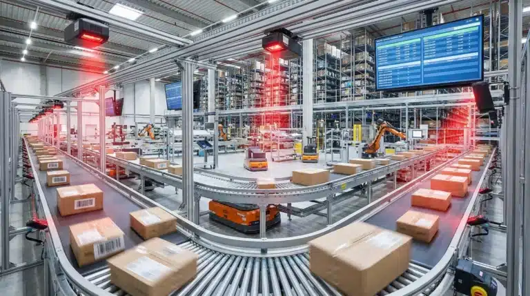 Modern warehouse with automated conveyor belts and barcode scanners ensuring precise inventory management.