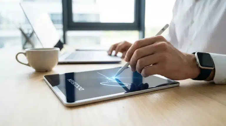 Person using digital stylus to create electronic signature on tablet device