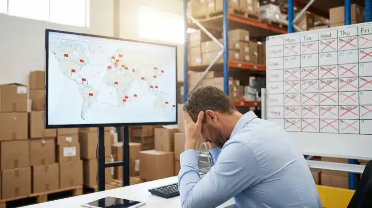 Frustrated warehouse manager at desk with global supply chain tracking displays