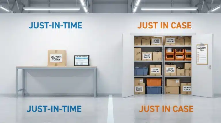 Warehouse comparison showing Just-in-Time minimal inventory versus Just-in-Case full storage shelves