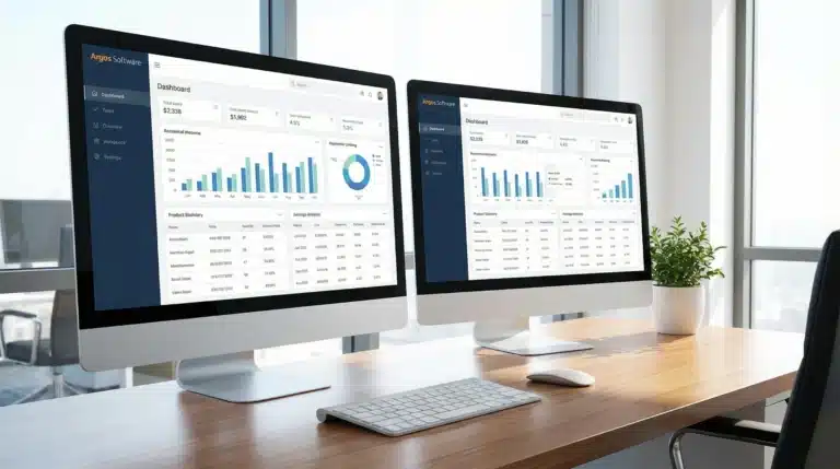 Dual monitors displaying Argos Software business intelligence dashboards with charts and analytics data