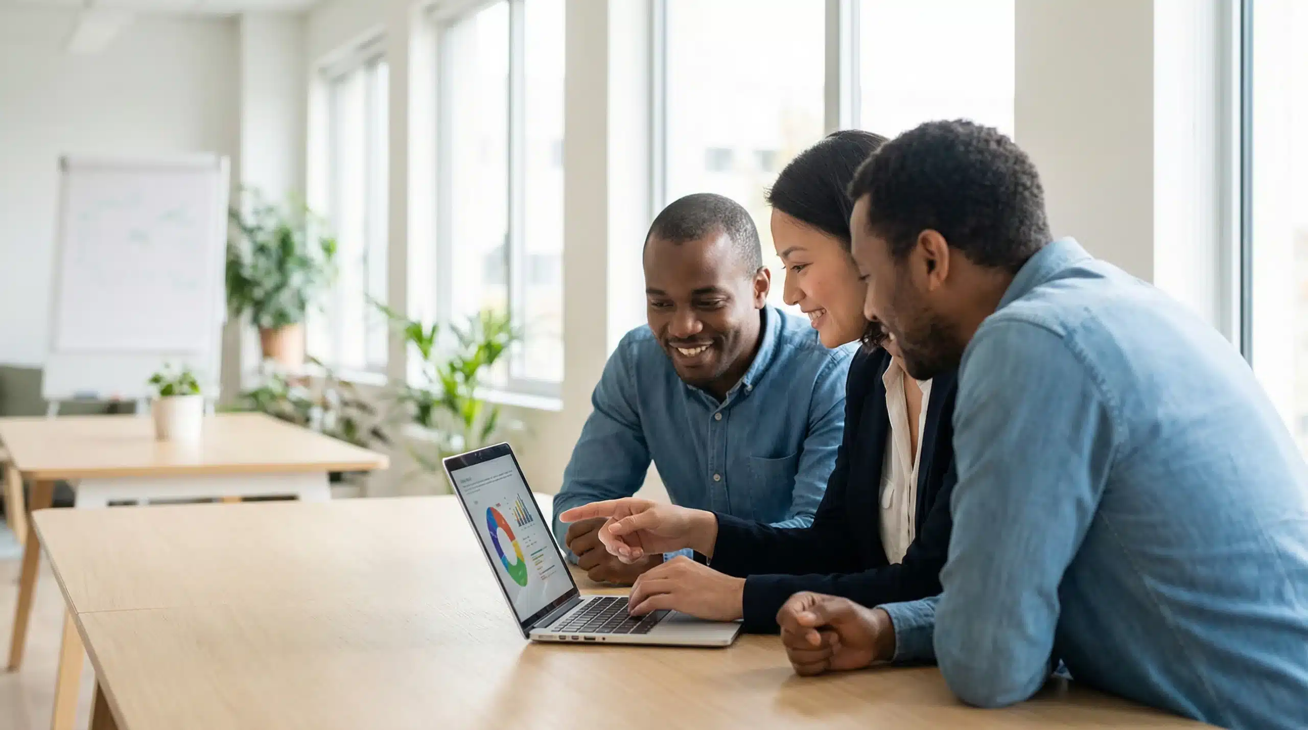 colleagues discussing data on laptop