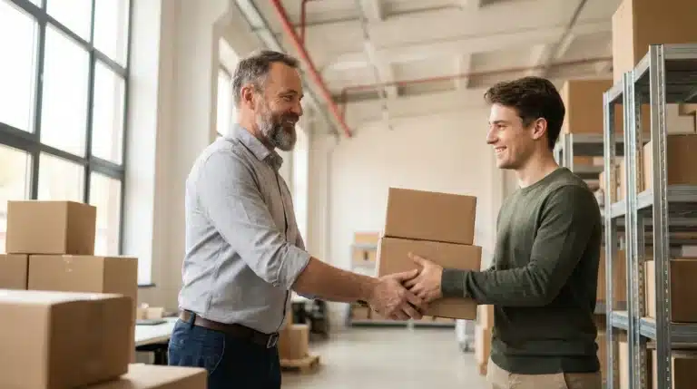 man handing boxes to another man