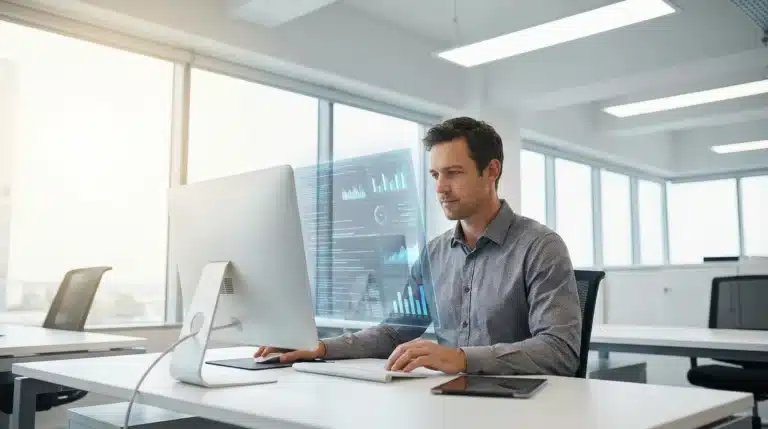 man using computer with digital overlay