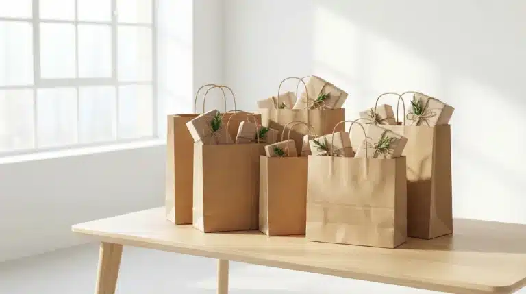 wrapped gifts in brown shopping bags