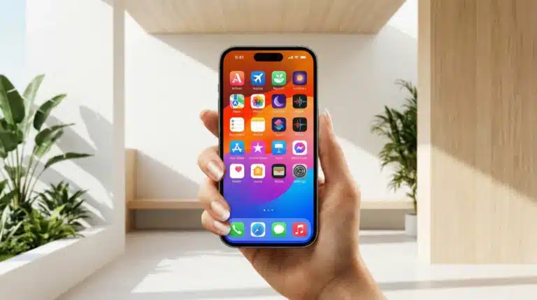 Hand holding smartphone with colorful app icons