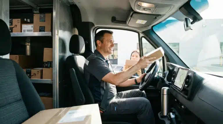 Smiling delivery driver in van cabin handing package to customer