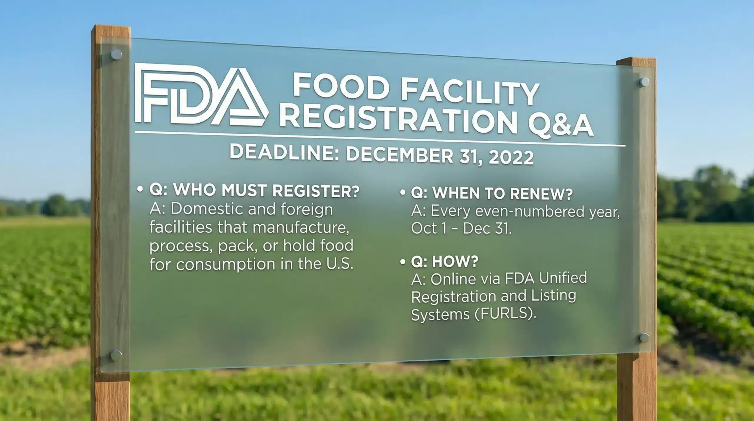 FDA Food Facility Registration Q&A deadline December 31, 2022 with green field background