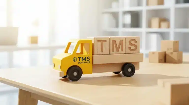 Yellow toy delivery truck carrying wooden letter blocks spelling TMS for transportation management system concept