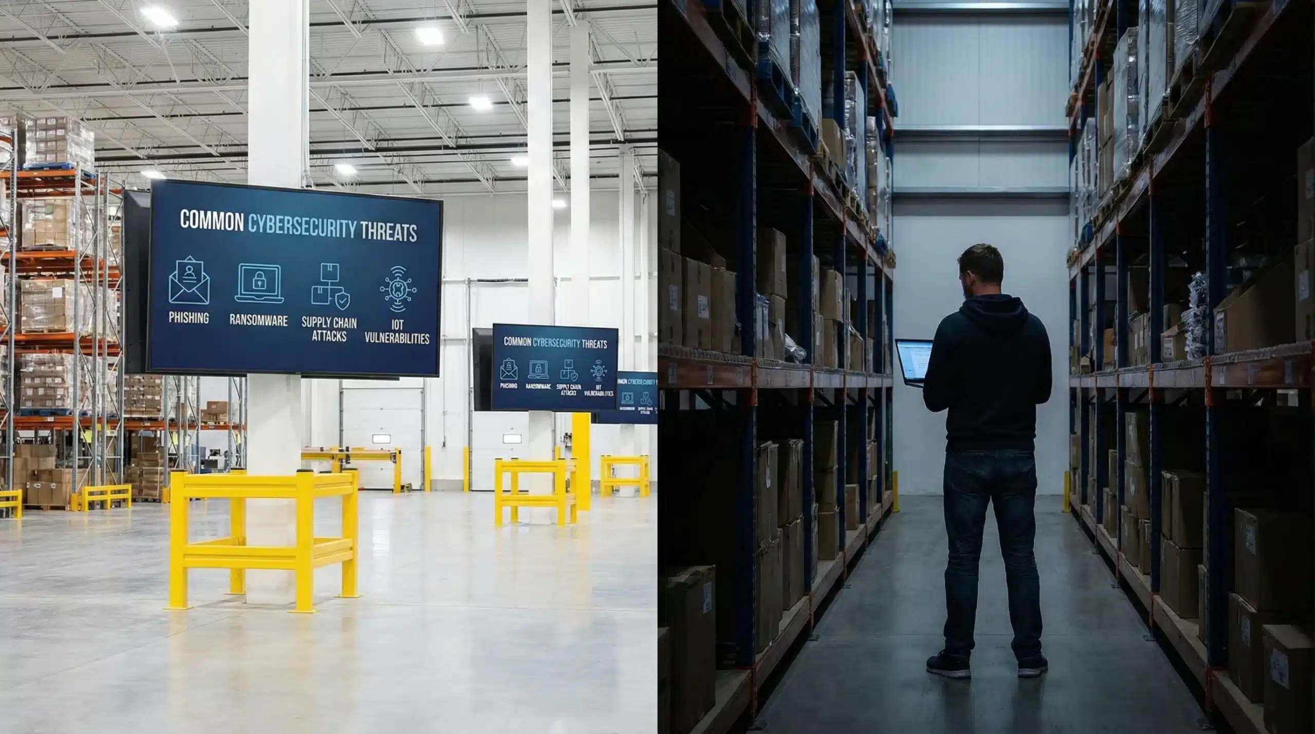 Warehouse common cybersecurity threats with dark man in alley