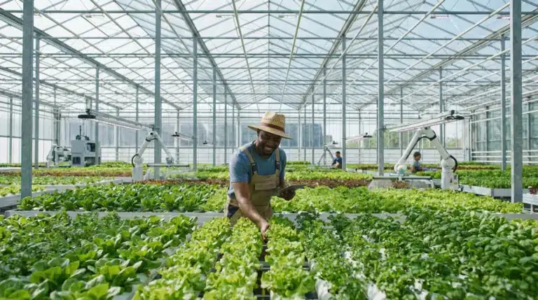 Worker tending to leafy green crops in modern greenhouse nursery facility
