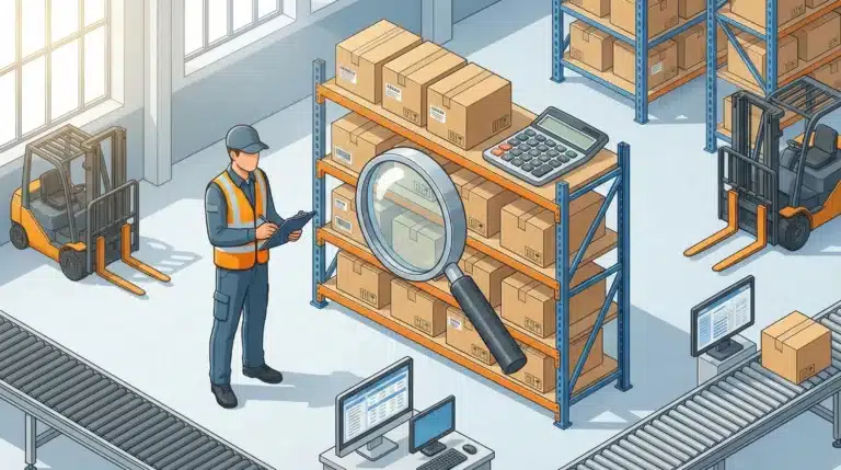 Isometric warehouse inventory management illustration with worker holding clipboard, cardboard boxes on shelves, magnifying glass, and calculator