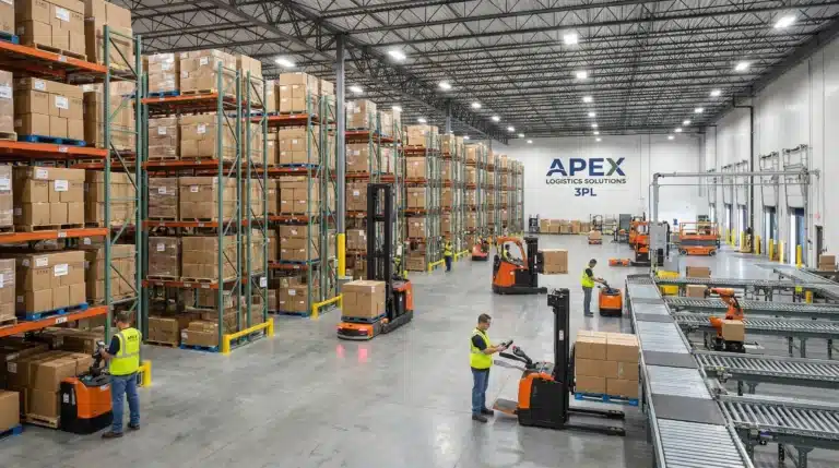 Modern warehouse interior with organized shelving systems and shipping boxes for 3PL operations