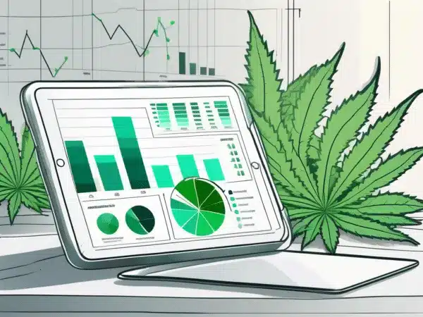 A digital tablet amidst lush cannabis plants