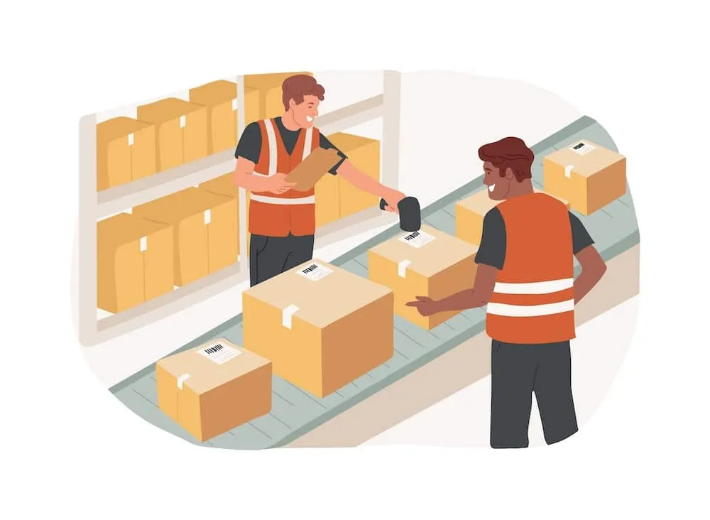 two warehouse workers scanning boxes on conveyor belt illustration 