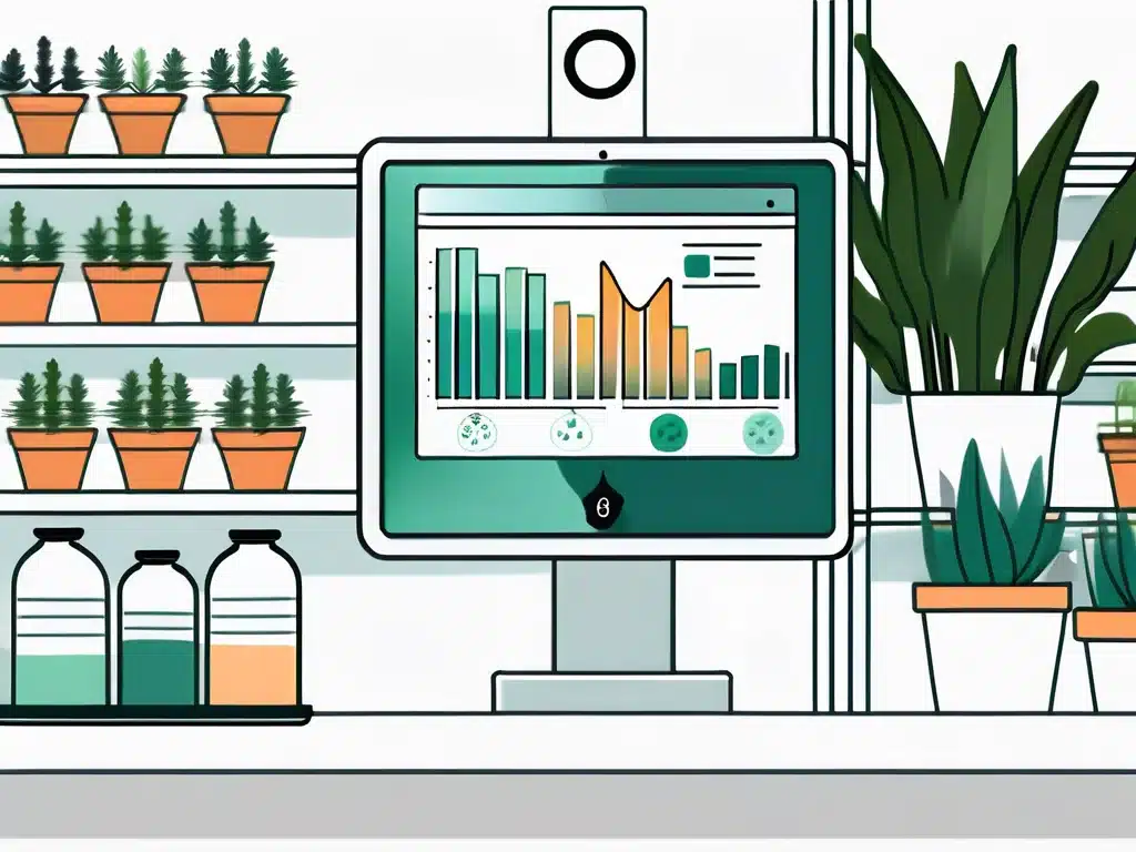 Digital inventory management system displaying plant nursery data analytics with potted plants on shelves