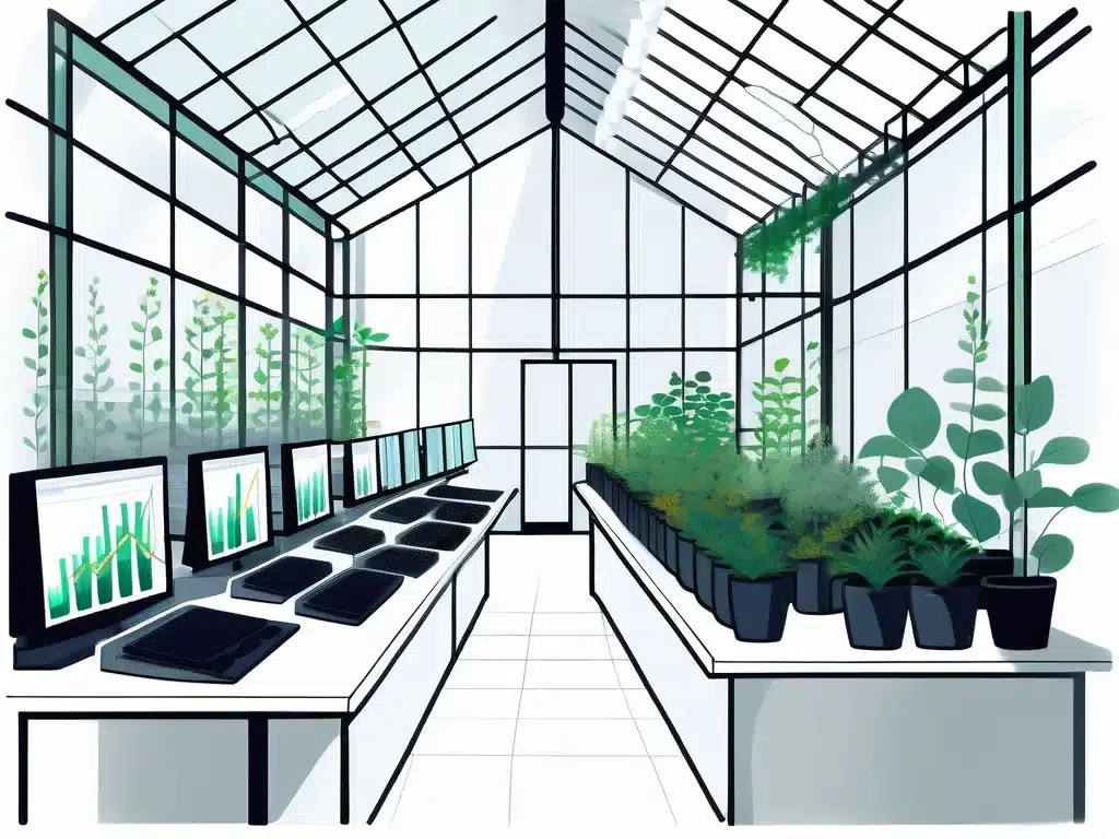 Modern greenhouse interior with digital monitoring screens and organized plant cultivation systems