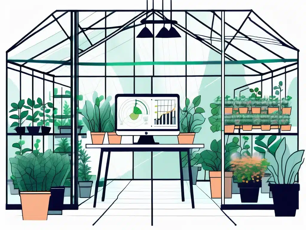 Modern greenhouse interior with computer displaying management software dashboard and organized plants