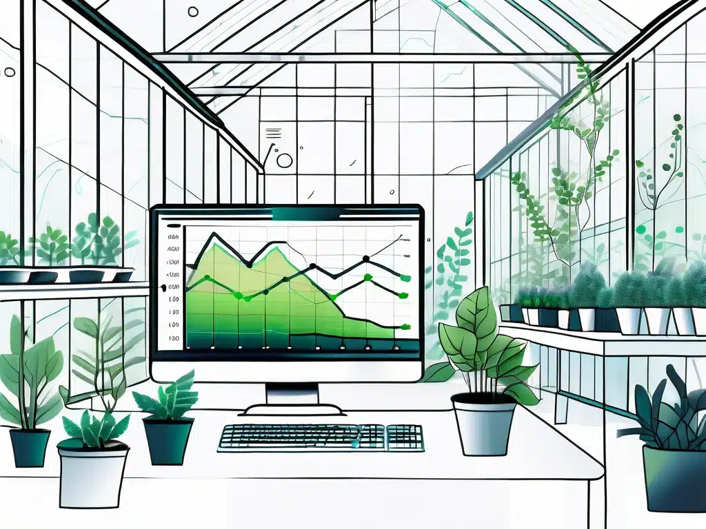Computer displaying greenhouse management analytics dashboard inside modern greenhouse facility with plants
