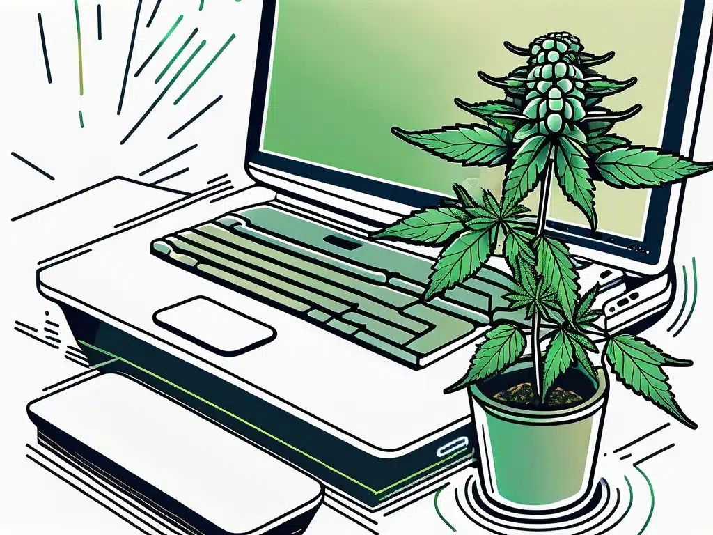 Cannabis plant growing beside laptop computer illustrating marijuana software technology