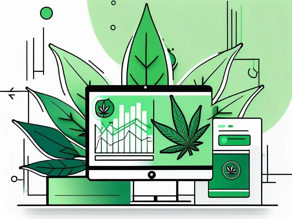 Cannabis software dashboard displaying analytics charts with marijuana leaves and mobile app interface