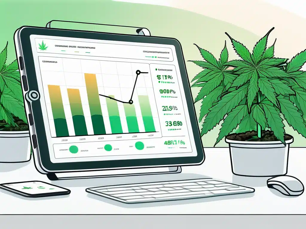 Cannabis grow monitoring dashboard on tablet displaying growth analytics with marijuana plants