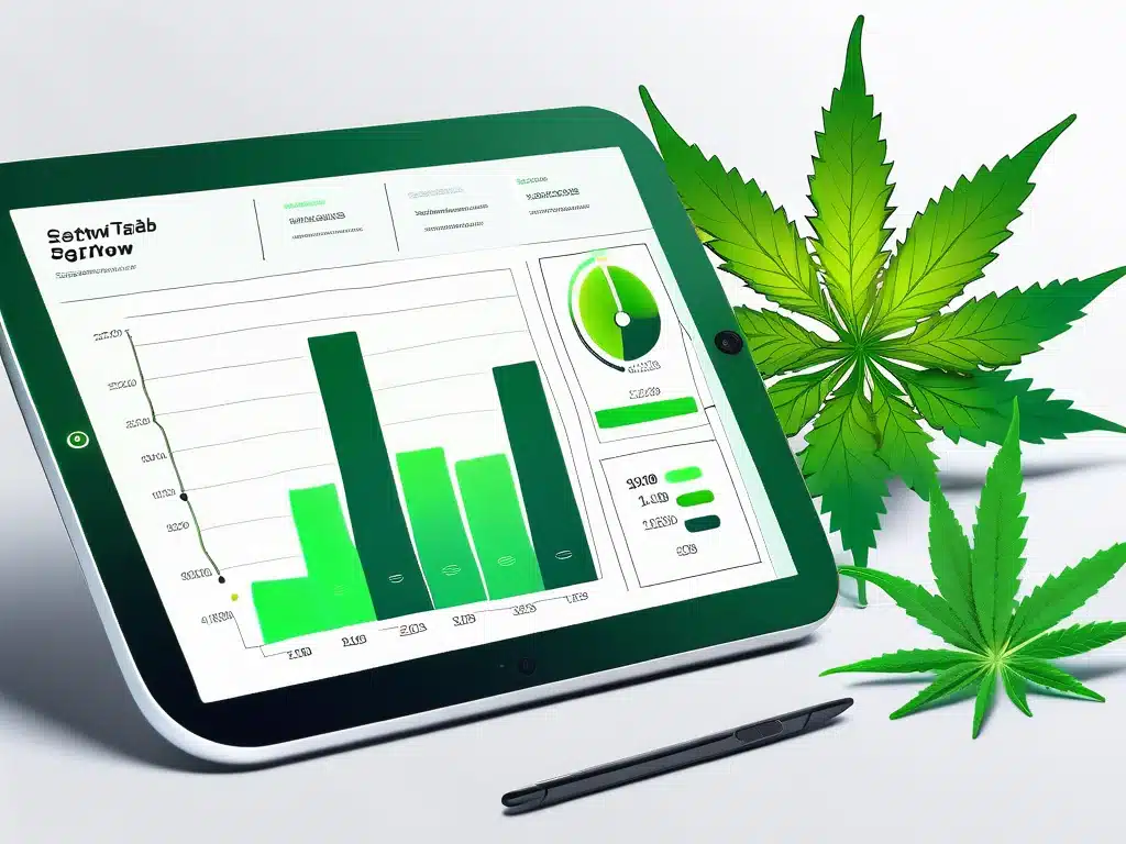 Cannabis grow software dashboard displaying analytics charts on tablet with marijuana leaves