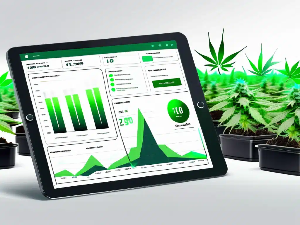 Cannabis grow software dashboard on tablet displaying analytics charts with marijuana plants