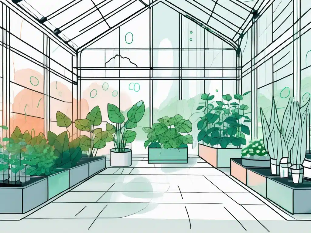 Modern greenhouse interior with various potted plants and glass structure for software management