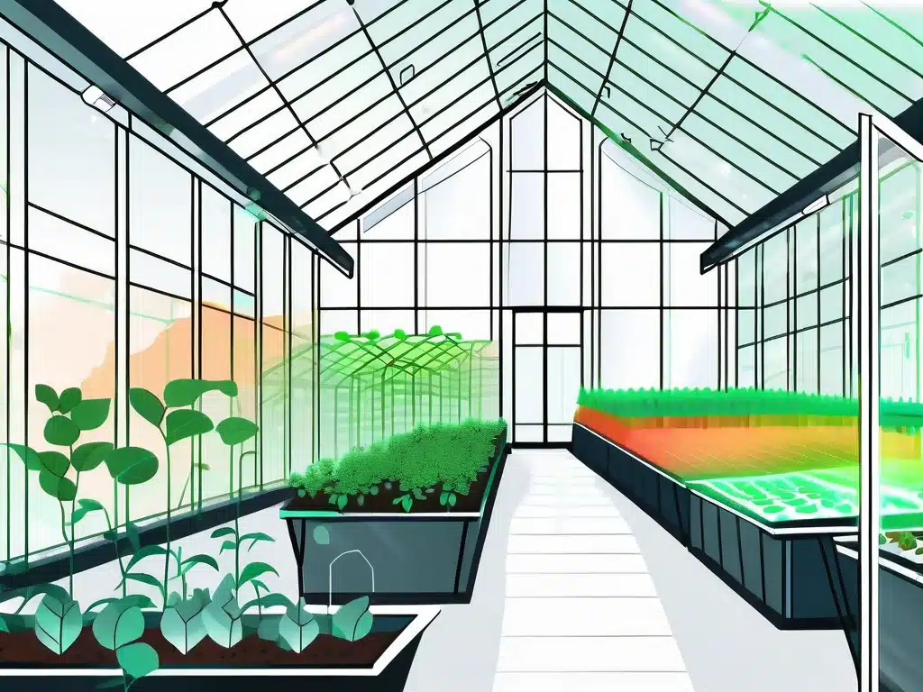Modern greenhouse interior with automated growing systems and plant cultivation technology