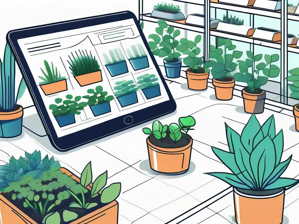 Digital tablet displaying greenhouse plant inventory management software interface surrounded by potted plants