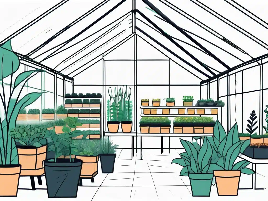 Organized greenhouse interior with plants on shelves and inventory management system