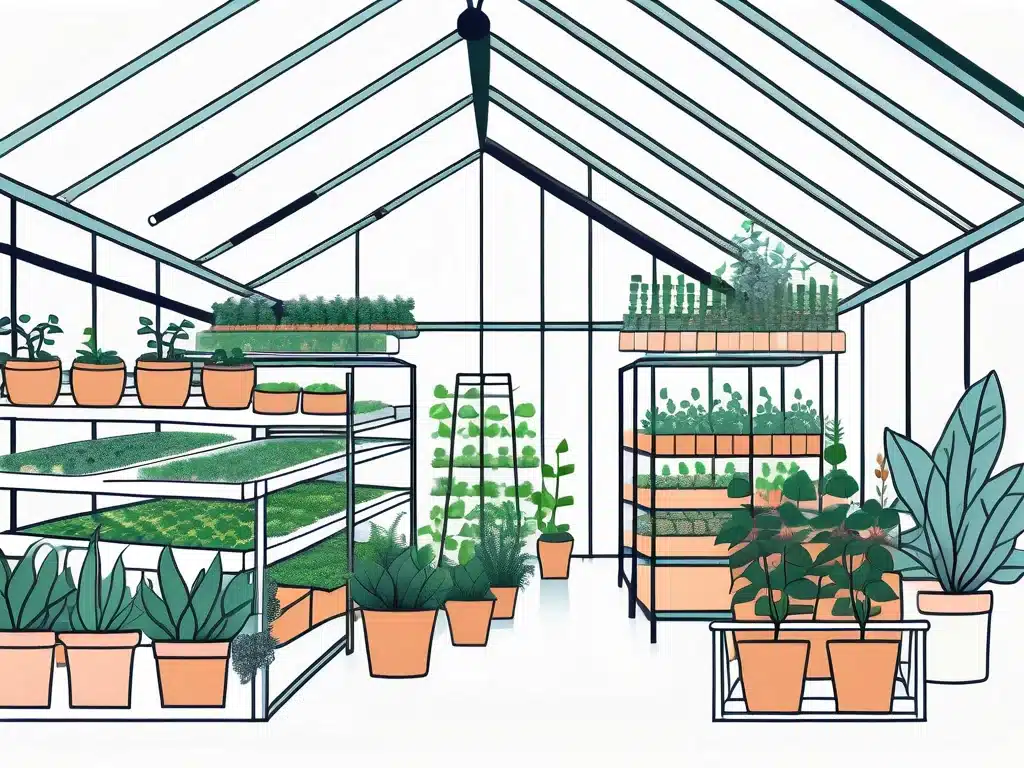 Organized greenhouse interior with shelving systems displaying potted plants and seedling trays