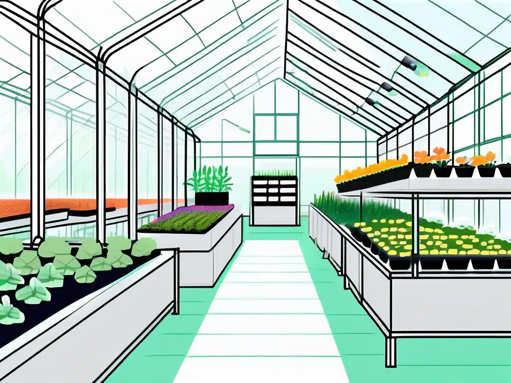 Modern greenhouse interior with organized plant tables and management systems for efficient operations