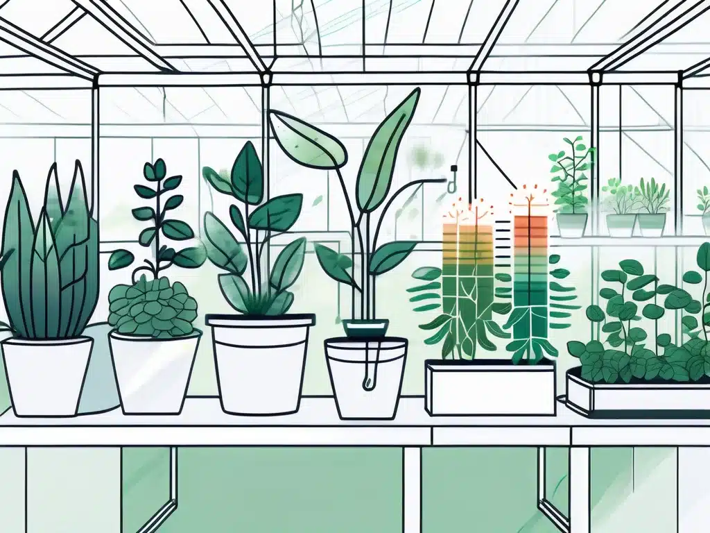 Greenhouse interior with potted plants on shelves and management monitoring system