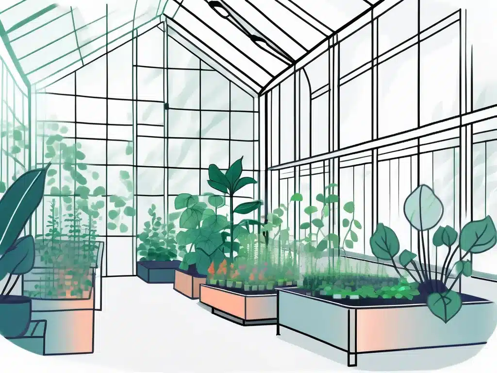 Modern greenhouse interior with plants, grow tables and management software systems